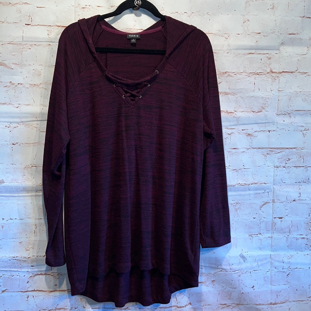 Torrid pullover lightweight hood front tie detail 2 maroon purple
